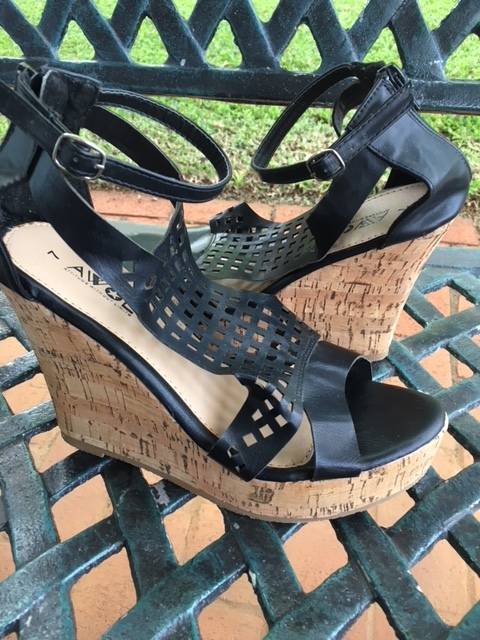 Black cork heel wedges with square cut out detail by AWOL