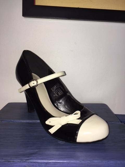 Black Mary-Jane Heels with White Cap Toe and Bow Detail