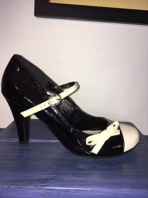 Black Mary-Jane Heels with White Cap Toe and Bow Detail