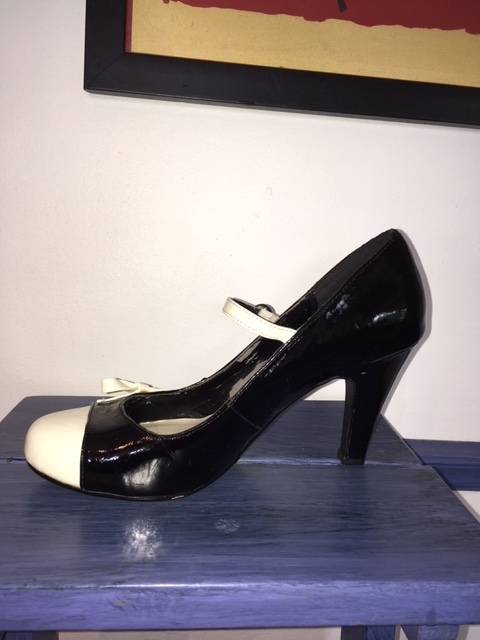 Black Mary-Jane Heels with White Cap Toe and Bow Detail