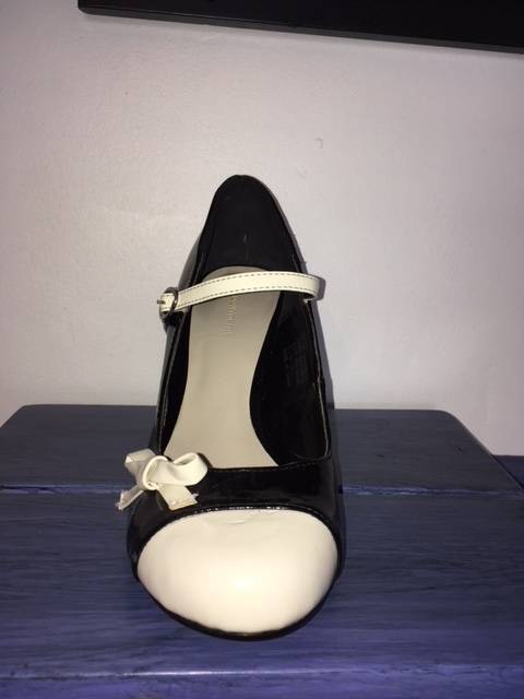 Black Mary-Jane Heels with White Cap Toe and Bow Detail