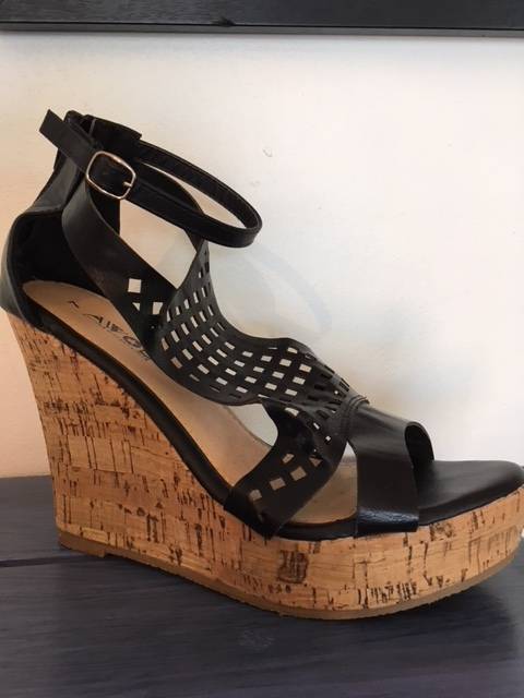 Black cork heel wedges with square cut out detail by AWOL