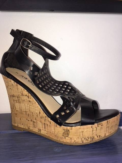 Black cork heel wedges with square cut out detail by AWOL