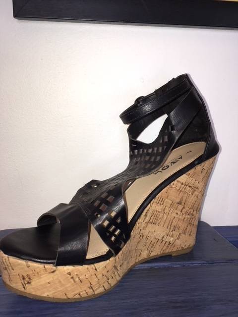 Black cork heel wedges with square cut out detail by AWOL