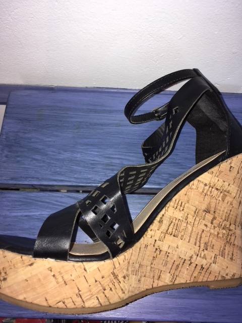 Black cork heel wedges with square cut out detail by AWOL