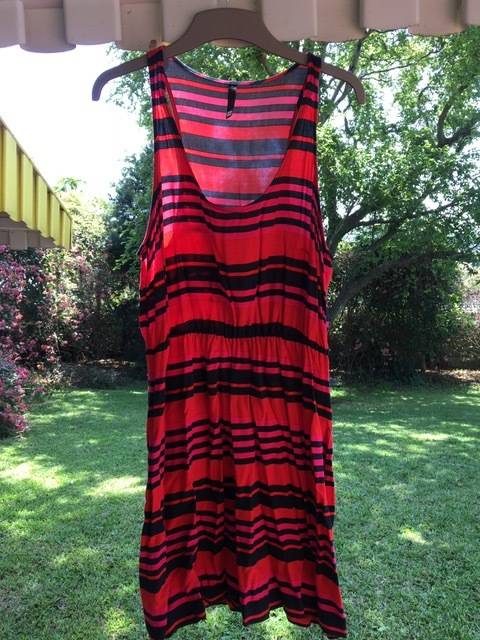 Red, pink and black striped mini dress