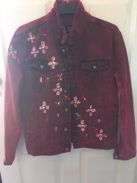 Dragon Cherry Blossom Painted Red Denim Jacket