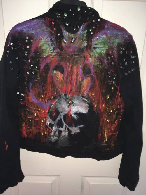 Painted Black Denim Jacket - Skull and Winged Cat