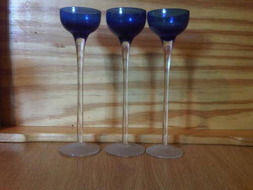 Three Blue Sherry Glasses - Long Stems