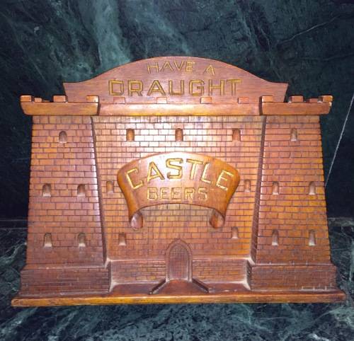ANTIQUE SOLID HANDCARVED OAK CASTLE DRAUGHT BEER ADVERTISEMENT BAR MANTLE PIECE.