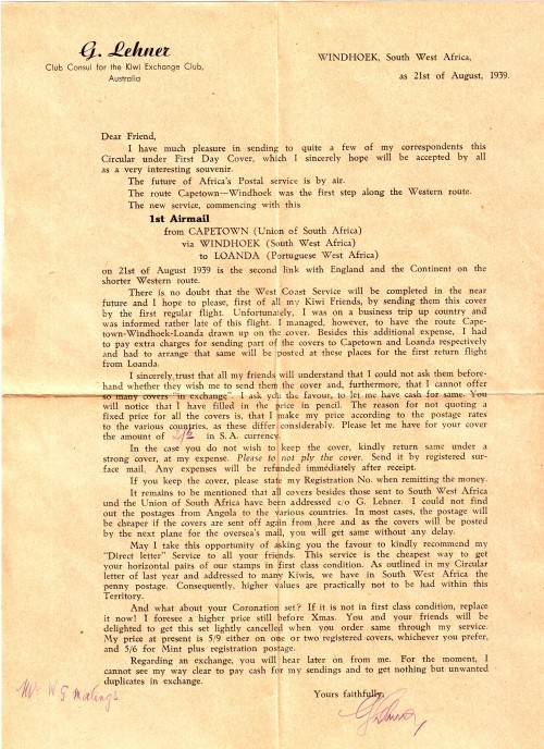 1939 1ST AIRMAIL CAPE TOWN VIA WINDHOEK TO LOANDA ANGOLA DESTINED FOR SYDNEY AUSTRALIA UNOPENED