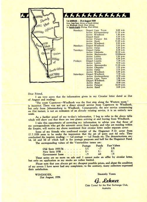 1939 1ST AIRMAIL CAPE TOWN VIA WINDHOEK TO LOANDA ANGOLA DESTINED FOR SYDNEY AUSTRALIA UNOPENED