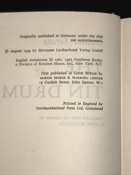 THE TIN DRUM BY GUNTHER GRASS 1ST UK EDITION 1962
