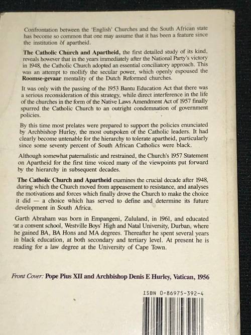THE CATHOLIC CHURCH AND APARTHEID BY GARTH ABRAHAM