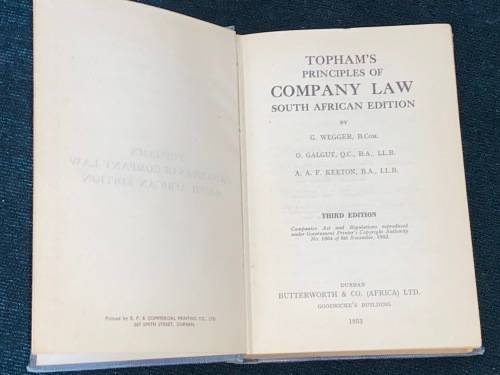 TOPHAM`S PRINCIPLES OF COMPANY LAW SOUTH AFRICAN EDITION 1953