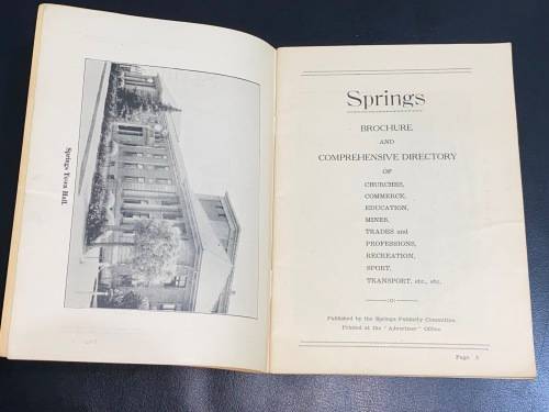 SPRINGS BROCHURE AND COMPREHENSIVE DIRECTORY OF CHURCHES, COMMERCE, EDUCATION, MINES DECEMBER 1933