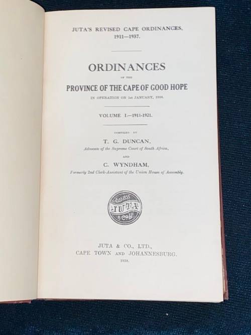 JUTA`S REVISED CAPE ORDINANCES 1911-1937 2 VOLUMES