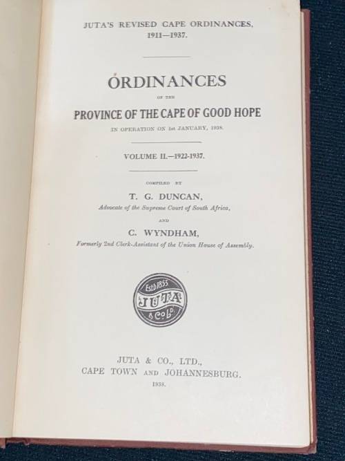 JUTA`S REVISED CAPE ORDINANCES 1911-1937 2 VOLUMES