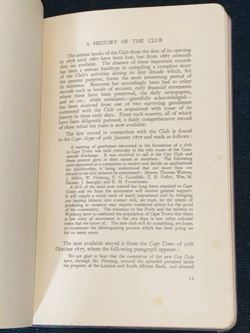 HISTORY OF THE CITY CLUB, CAPE TOWN 1878 - 1938