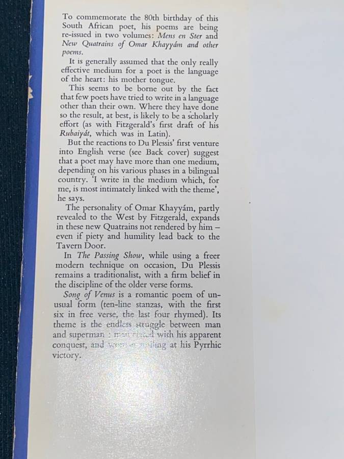 NEW QUATRAINS OF OMAR KHAYYAM AND OTHER POEMS BY I.D. DU PLESSIS SIGNED