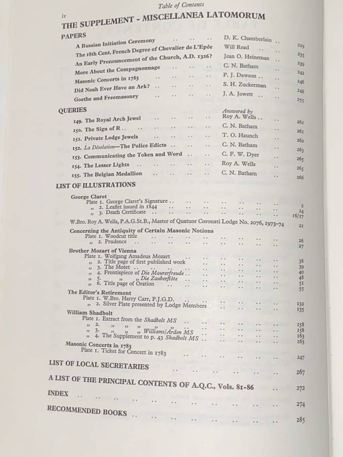 ARS QUATUOR CORONATORUM TRANSACTIONS OF QUATUOR CORONATI LODGE MASONIC NOTES VOL 87 OF 1974