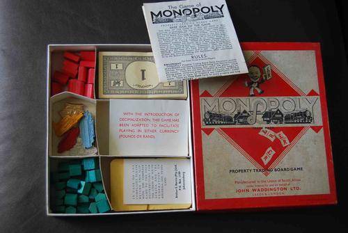 VINTAGE MONOPOLY GAME PIECES CARDS ETC IN POUNDS AND RANDS MADE IN THE UNION OF SA WITHOUT BOARD