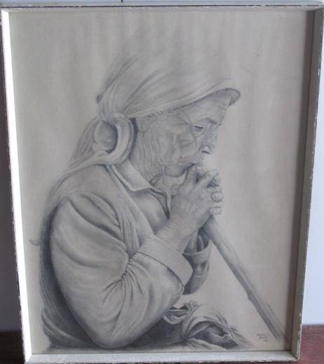 DEON ROUX - Pencil on paper - Old woman - 1972