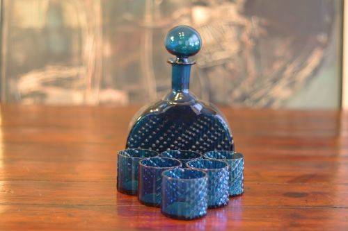 Retro 60s Vintage Riihimaki Lasi Flindari Carafe Decanter & 6 glasses by Nanny Still: Petroleum Blue
