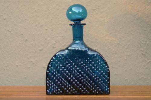 Retro 60s Vintage Riihimaki Lasi Flindari Carafe Decanter & 6 glasses by Nanny Still: Petroleum Blue
