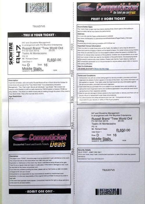 One Ticket to Russell Brand Live At Montecasino Friday 2nd October 2015