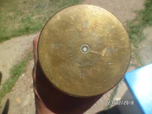 1897 empty cannon shell 13cm x 8cm (Markings PATRONENFABRIK KARLSRUHE SEPT 1897 AWS15)
