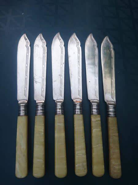 VINTAGE SILVER PLATED FISH KNIVES AND FORKS WITH MOTHER OF PEARL HANDLES