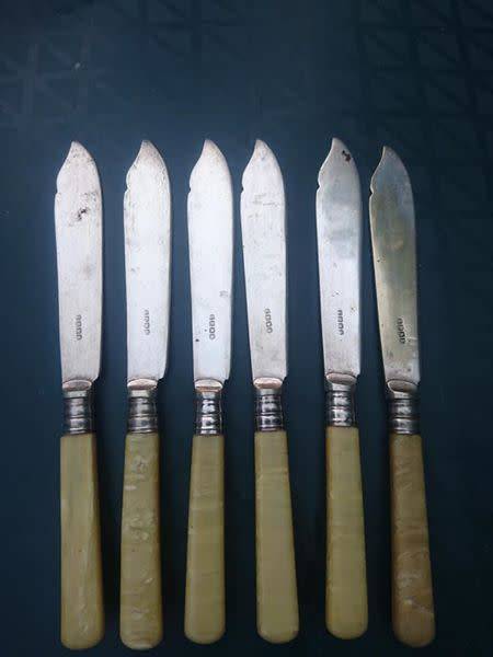 VINTAGE SILVER PLATED FISH KNIVES AND FORKS WITH MOTHER OF PEARL HANDLES