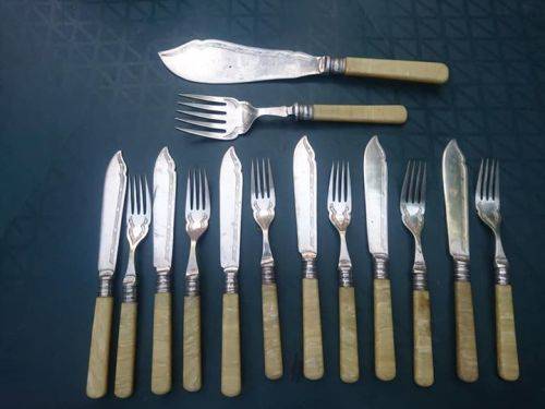 VINTAGE SILVER PLATED FISH KNIVES AND FORKS WITH MOTHER OF PEARL HANDLES