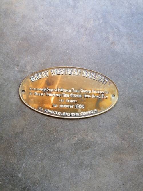 GREAT WESTERN RAILWAY Sign Grease Nipples Forfeit Two Days Pay embossed brass