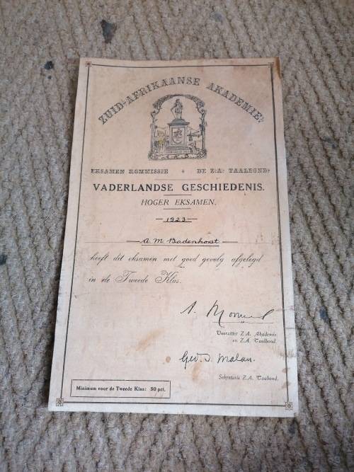 VINTAGE ZUID AFRKA 1923 VADERLANDSE GESCHIEDENIS CERTIFICATE