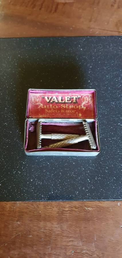Two Vintage Razors + Silver Plated Container