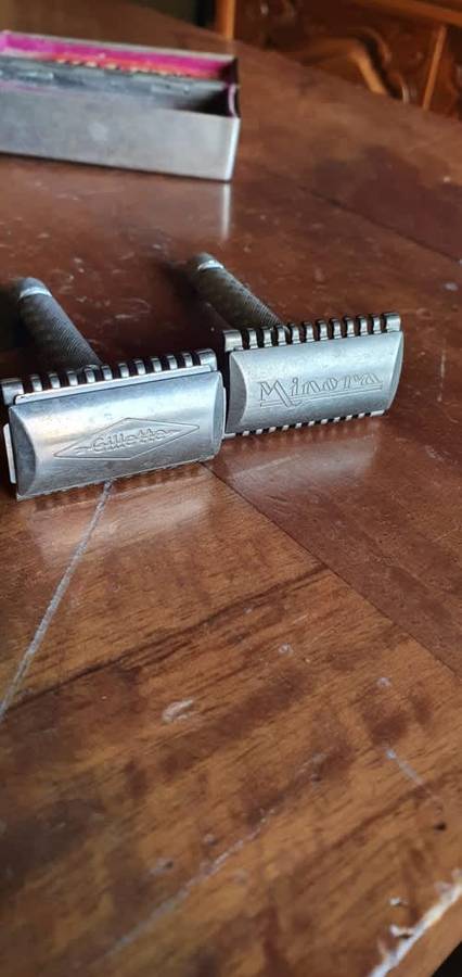 Two Vintage Razors + Silver Plated Container