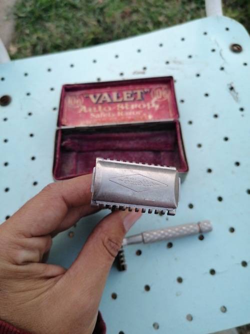 Two Vintage Razors + Silver Plated Container