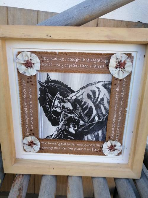 Rare find a nicki vowls LINOPRINT with poem White poppies from World War 1 stitching