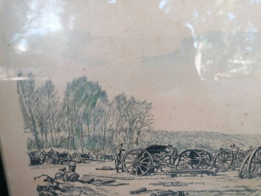 War Drawing By Muirhead Bone: Men of the R.F.A. Cleaning their Guns