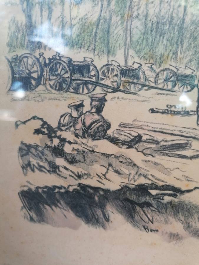 War Drawing By Muirhead Bone: Men of the R.F.A. Cleaning their Guns