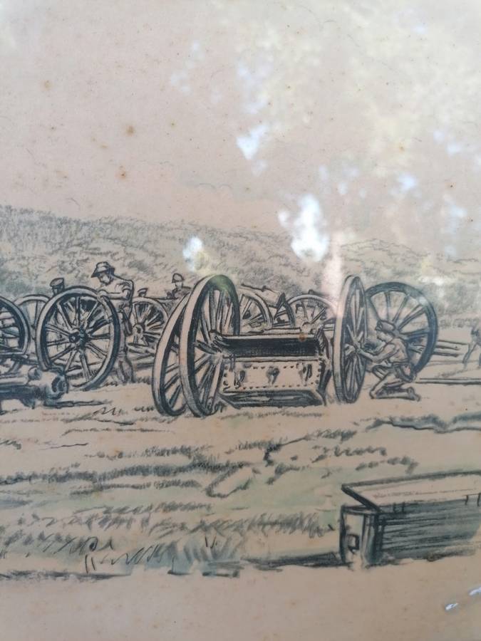 War Drawing By Muirhead Bone: Men of the R.F.A. Cleaning their Guns