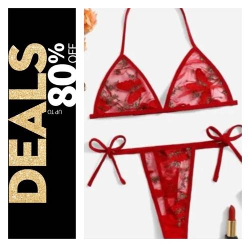 **80% Off Valentines Day Deals : Floral Embroidered Mesh triangle lingerie set**