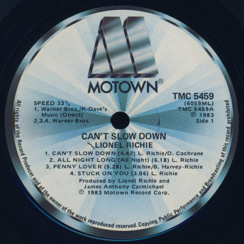 Lionel Richie, Can`t slow Down, Lp, SA Pressing  VG