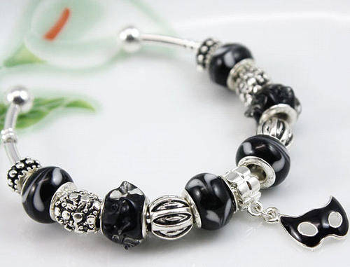 Black Mask Sterling Silver Plated Bead Charm Bangle (NOT cheap alloy - NO Nickel)