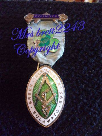 Masonic Freemason Medal 1923 with Founder Bar~Green Isle Lodge no 569 Bulawayo