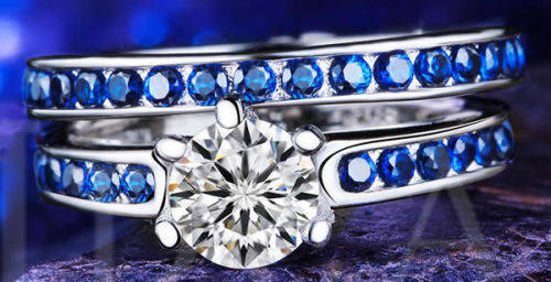 STUNNING SAPPHIRE AND CZ 18K WHITE GOLD FILLED WEDDING RING SET