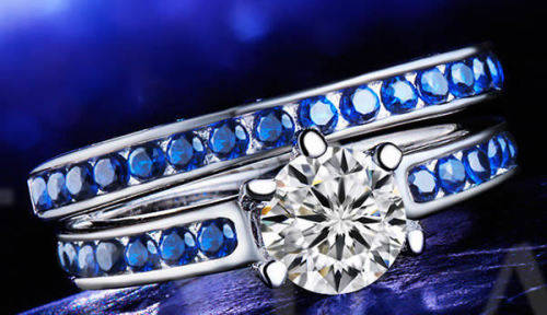 STUNNING SAPPHIRE AND CZ 18K WHITE GOLD FILLED WEDDING RING SET