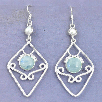 BEAUTIFUL NATURAL RAINBOW MOONSTONE DANGLING EARRINGS IN SOLID STERLING SILVER!!!